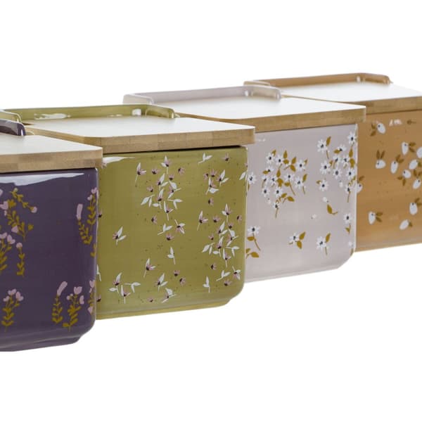 Saltkar med lock DKD Home Decor Grön Rosa Senap Lila Bambu 750 ml 14 x 12,5 x 12 cm (4 antal)