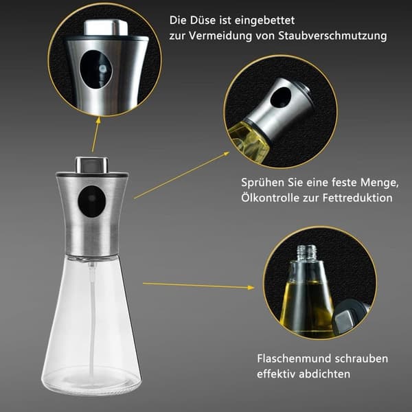 Lollanda Oljesprayflaska 200 ml i Rostfritt Stål och Glas, Konisk Design för Matlagning, Grill och Bakning
