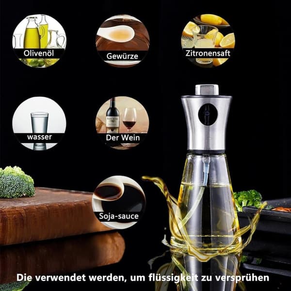 Lollanda Oljesprayflaska 200 ml i Rostfritt Stål och Glas, Konisk Design för Matlagning, Grill och Bakning