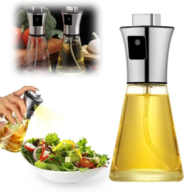 Lollanda Oliesprayflaske 200 ml i rustfrit stål og glas, konisk design til madlavning, grillning og bagning