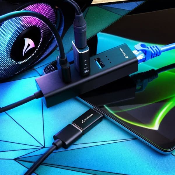 USB-hubb - SHARKOON - - 3 portar - USB 3.2 Gen 1 - Aluminium