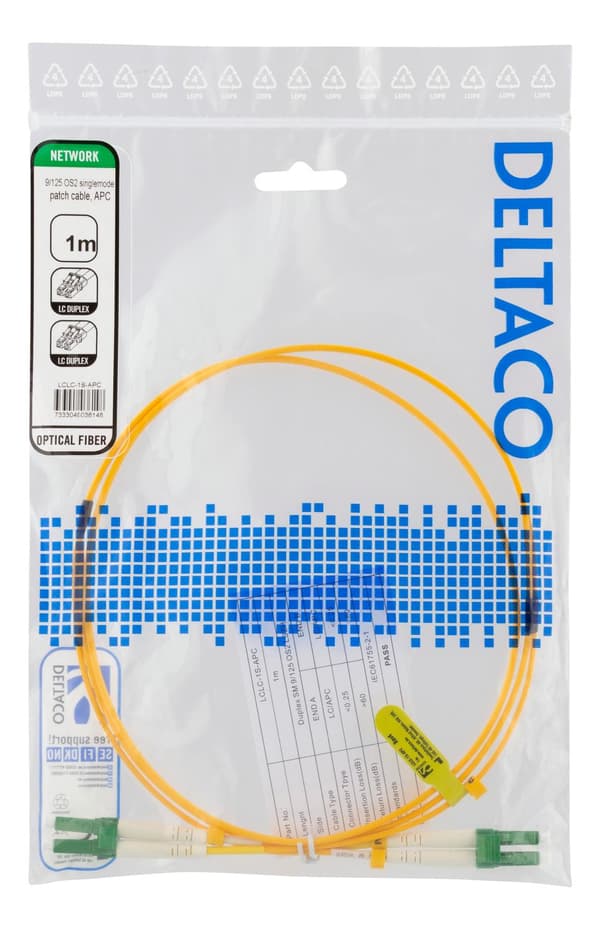 OS2 Fiber cable, LC – LC, duplex, singlemode, APC, 9/125, 1m