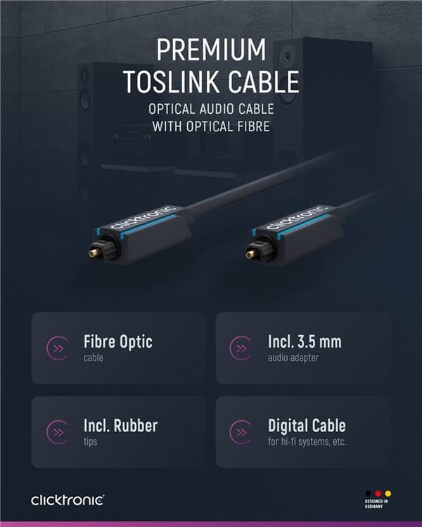 ClickTronic Toslink-kabel Premium-kabel | 1x Toslink-kontakt 1x Toslink-kontakt 1x Toslink-kontakt | 1,0 m | Polymerfiberoptisk kabel