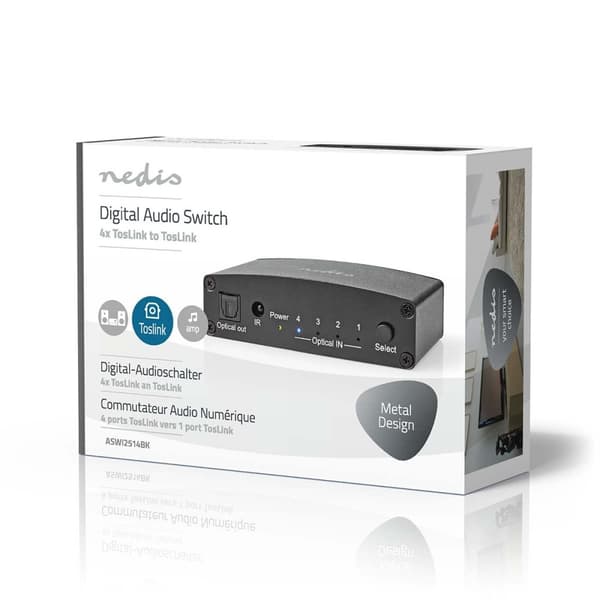 Nedis Digital Audio Switch | 4-vägs | Anslutningsingång: DC Ström / 4x TosLink | Anslutningsutgång: TosLink Hona | Fjärrkontroll / Instruktionsbok / K