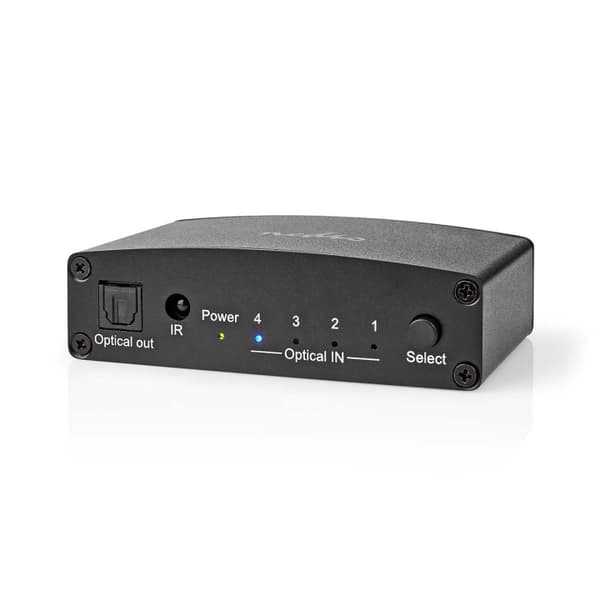 Nedis Digital Audio Switch | 4-vägs | Anslutningsingång: DC Ström / 4x TosLink | Anslutningsutgång: TosLink Hona | Fjärrkontroll / Instruktionsbok / K