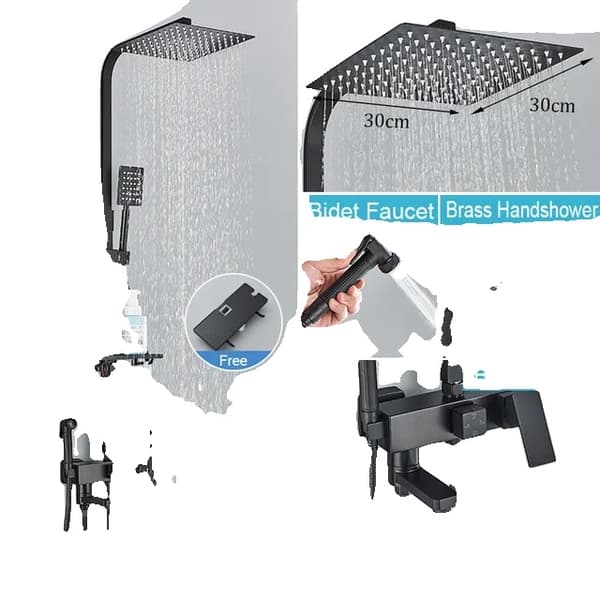 Brusearmatur, Regnbruser til badekar, Badeværelse Hyldesæt Black-4Ways-12inch