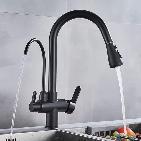Matte Black Pure Water Køkkenarmatur, Dobbelt Håndtag, Udtræksfunktion