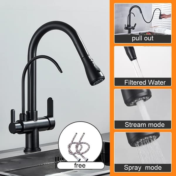 Matte Black Pure Water Køkkenarmatur, Dobbelt Håndtag, Udtræksfunktion