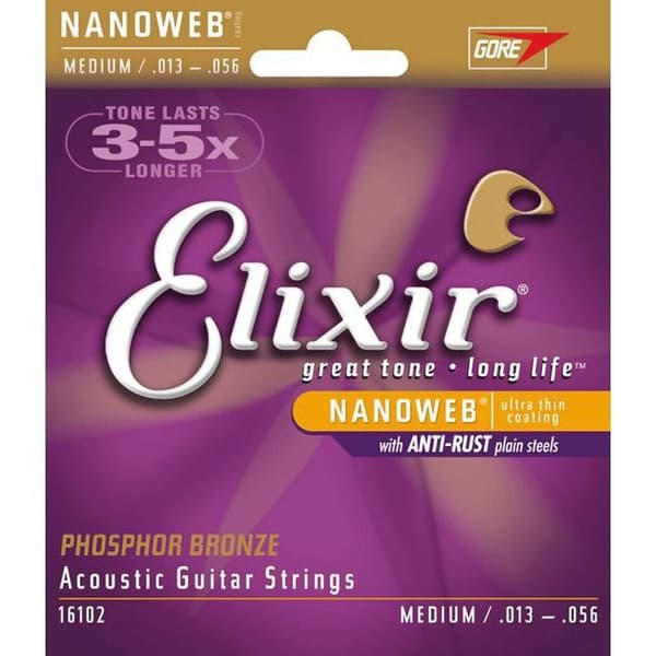 Akustiska gitarrsträngar - ELIXIR - NANOWEB ACOUSTIC - Medium 13/17/26/35/45/56 - Ljust och kristallklart ljud