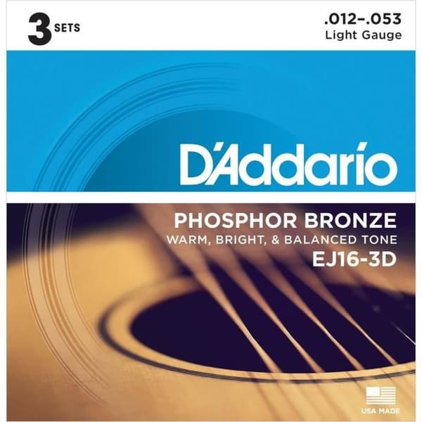 DADDARIO EJ16-3D 3 uppsättning akustiska gitarrsträngar - P/Lätt brons - 12-53