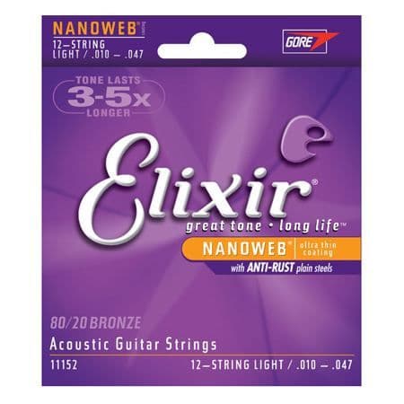 Folkgitarrsträngar - ELIXIR - 11152 - Nanoweb akustik - 12 lätta strängar - Gauge 10-47