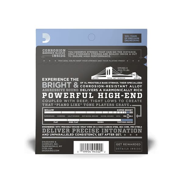D'Addario ProSteels Bas 5-strängad Custom Light 45-105 Long Scale EPS165-5