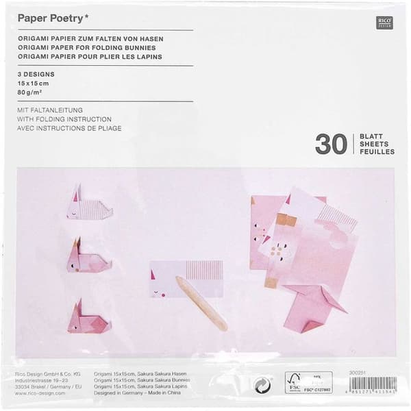 Kanin origamipapper, 30 ark