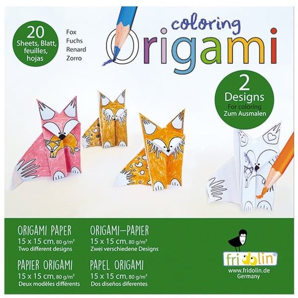 Kit Origami - Fridolin - Räv - 20 Ark - 15x15 cm - Att färglägga