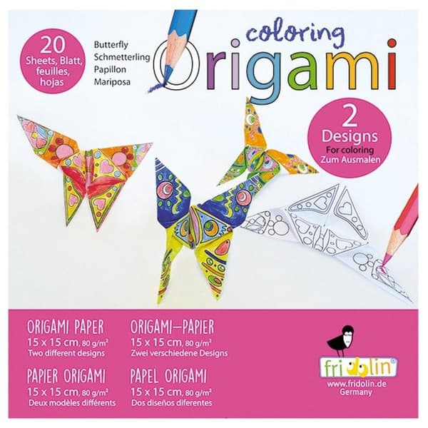 Origami Kit - Fridolin - Fjäril - 20 ark - 15x15 cm - Färgläggning