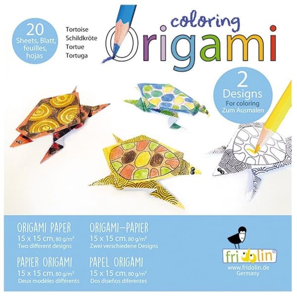 Kit Origami - Fridolin - Sköldpadda - 20 Ark - 15x15 cm - För Barn att Färglägga