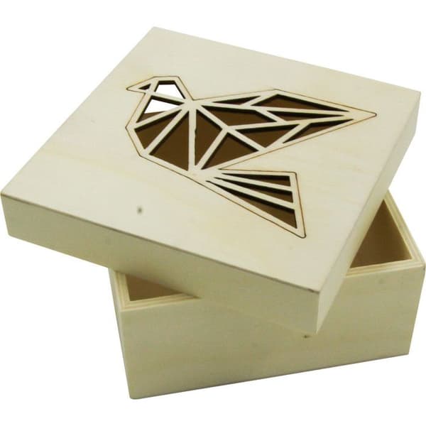 Trälåda - Laserutskärning - Origami fågel - 11,3x11,3x5cm - Brun - Barn/Unisex