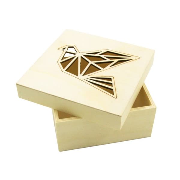 Trälåda - Laserutskärning - Origami fågel - 11,3x11,3x5cm - Brun - Barn/Unisex