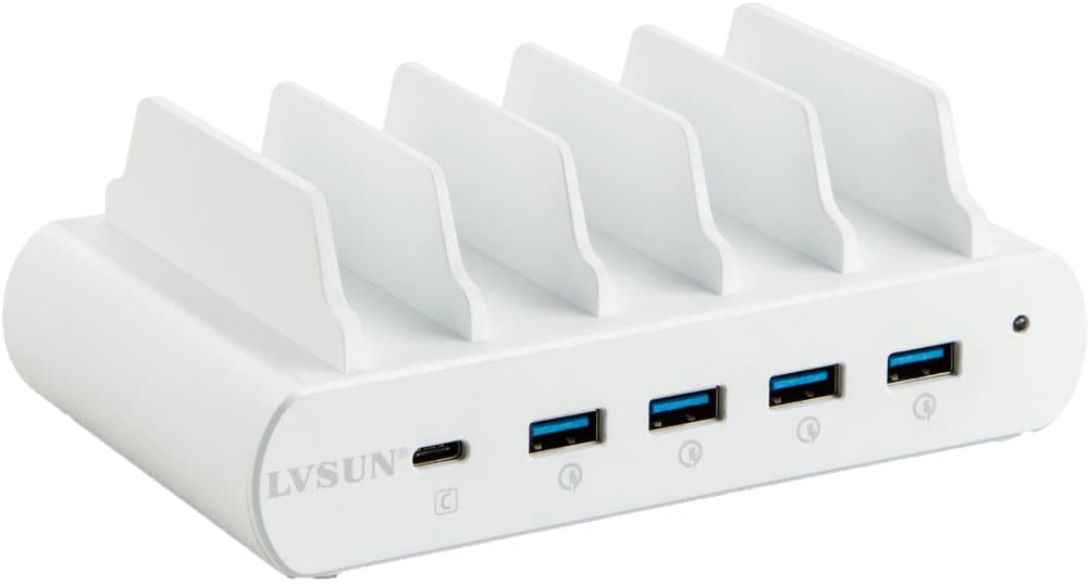 110W 5-Port Charging station, stand, 1x USB-C PD, 4x USB-A QuickCharge