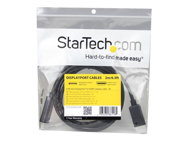 StarTech.com 6.5 ft / 2m DisplayPort to HDMI converter cable - 4K (DP2HDMM2MB) - Adapterkabel - DisplayPort hann til HDMI hann - 2 m - svart - 4K-stø
