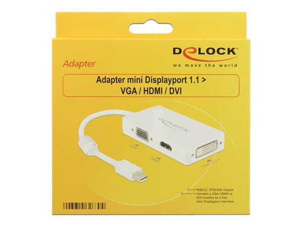 Delock - DisplayPort-adapter - Mini DisplayPort (hann) til HD-15 (VGA), HDMI, DisplayPort (hunn) - 16 cm - hvit