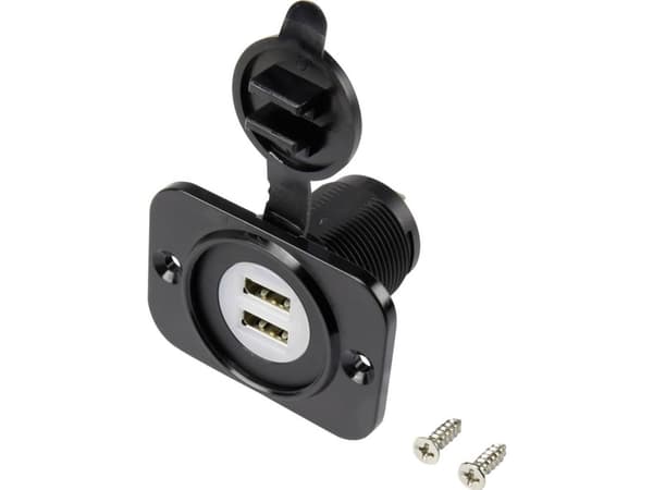 USB-dobbeltindbygningsbøsning med støvbeskyttelseshætte Tilslutning, indbygning lodret Dobbelt, rektangulær front 43,1 x 60 mm, med blå belysning 122