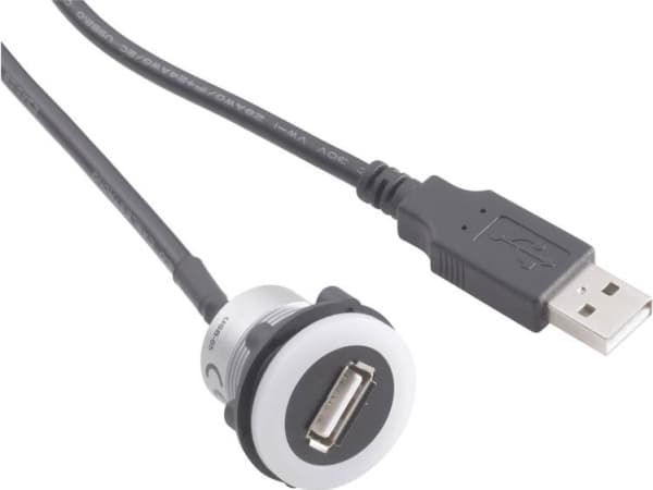 USB-indbygningsstik 2.0 Tilslutning, indbygning USB-05-BK USB-stik type A, belyst på USB-stik type A med 60 cm kabel TRU COMPONENTS Indhold: 1 stk