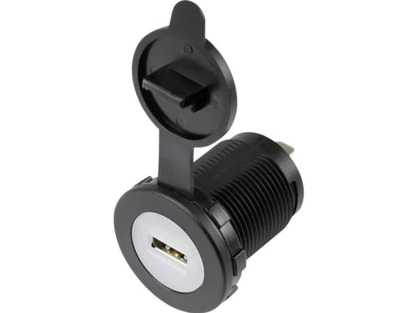 USB-asennuspistorasia, jossa pölysuojakorkki Liitäntä, uppoasennus pystysuoraan Yksittäinen, pyöreä etuosa Ø 36,8 mm, sininen valaistus 1229306 TRU C
