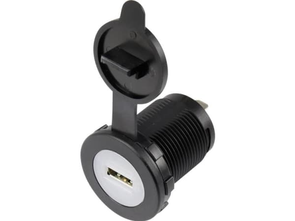 USB-indbygningsbøsning med støvbeskyttelseshætte Tilslutning, indbygning lodret Enkelt, rund front Ø 36,8 mm, med blå belysning 1229306 TRU COMPONENT