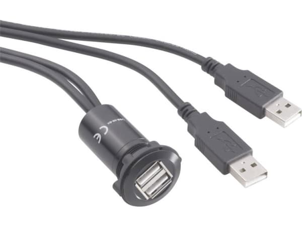 TRU COMPONENTS USB-06-BK USB-dobbeltindbygningsbøsning 2.0 Tilslutning, indbygning, Adapter 2 x USB-tilslutning type A til 2 x USB-stik type A med 60
