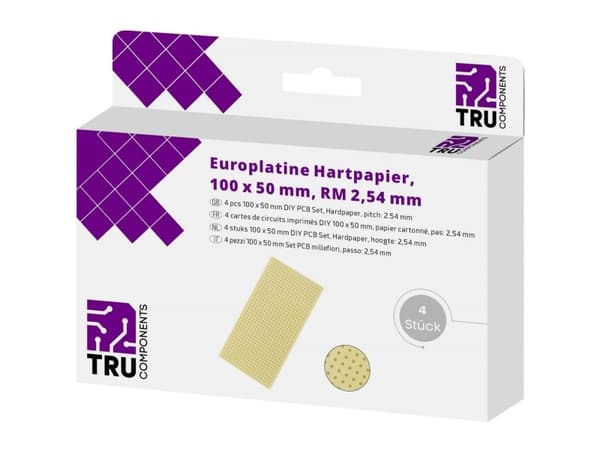 TRU COMPONENTS Europlatine ohne Cu-Auflage Sydänpaperi (L x S) 100 mm x 50 mm 35 µm Rastermaß 2,54 mm Inhalt 4 St. (T1906SA027)