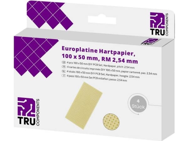TRU COMPONENTS Europlatine ohne Cu-Auflage Sydänpaperi (L x S) 100 mm x 50 mm 35 µm Rastermaß 2,54 mm Inhalt 4 St. (T1906SA027)