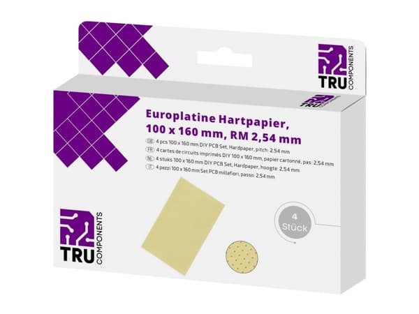 TRU COMPONENTS Europeisk tryckplatta utan Cu-beläggning Hårt papper (L x B) 160 mm x 100 mm 35 µm Rutstorlek 2,54 mm Innehåll 4 st