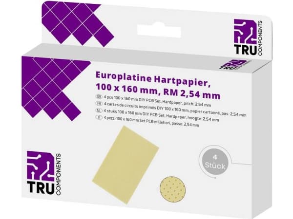 TRU COMPONENTS Europeisk tryckplatta utan Cu-beläggning Hårt papper (L x B) 160 mm x 100 mm 35 µm Rutstorlek 2,54 mm Innehåll 4 st