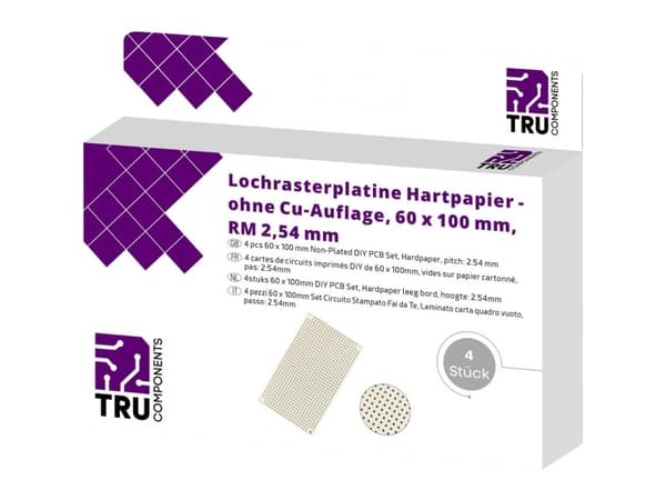 TRU COMPONENTS Europrintplade uden Cu-belægning Hårdt papir (L x B) 100 mm x 60 mm 35 µm Rastermål 2.54 mm Indhold 4 stk