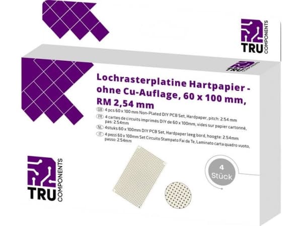 TRU COMPONENTS Europrintplade uden Cu-belægning Hårdt papir (L x B) 100 mm x 60 mm 35 µm Rastermål 2.54 mm Indhold 4 stk