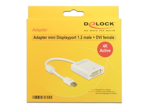 Delock - Video adapter - enkeltlenke - Mini DisplayPort (hann) til DVI-I (hunn) - DisplayPort 1.2 - 20 cm - tommelskruer, 4K-støtte - hvit