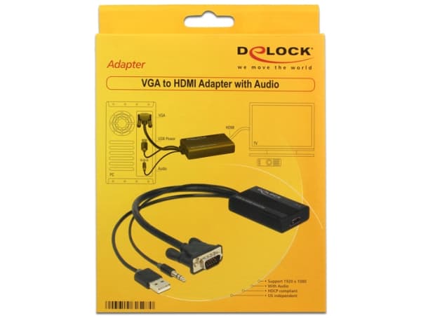 Delock VGA to HDMI Adapter with Audio - Video/audio-adapter - 15 pin D-Sub (DB-15), minijakk, USB (kun strøm) hann til HDMI hunn - 25 cm - svart