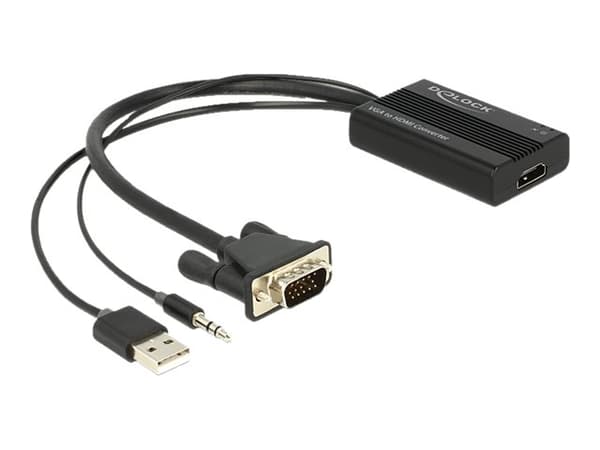 Delock VGA to HDMI Adapter with Audio - Video/audio-adapter - 15 pin D-Sub (DB-15), minijakk, USB (kun strøm) hann til HDMI hunn - 25 cm - svart