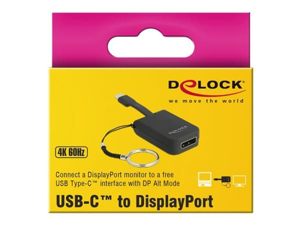 Delock - Videokort - 24 pin USB-C (hane) till DisplayPort (hane) - DisplayPort 1.2 - 3 cm - stöd för 4K - svart