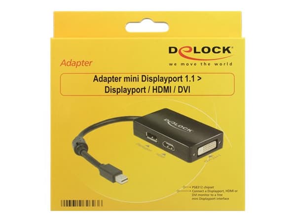 Delock - DisplayPort-adapter - Mini DisplayPort (hane) till DVI-D, HDMI, DisplayPort (hona) - 16 cm - svart