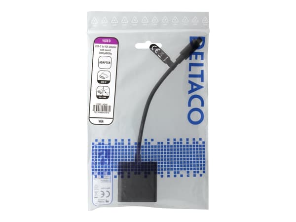 DELTACO USBC-VGA6 - Videokort - 24 pin USB-C hane till HD-15 (VGA) hona - 10 cm - svart - stöd för 1080p