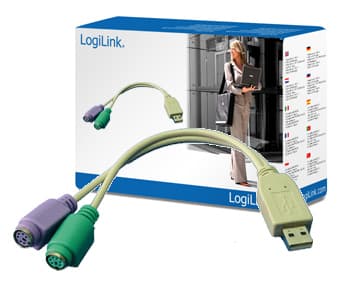 LogiLink Adapter USB - 2x PS/2, 0,2 m, 2x 6-p Mini-DIN, USB A, Hankjønn, Hunkjønn, Grå