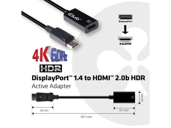 CLUB3D DisplayPort 1.4 to HDMI 2.0b HDR Active Adapter