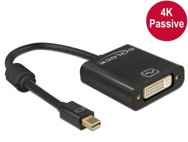Delock - Videokort - enkel länk - Mini DisplayPort (hane) till DVI-I (hona) - DisplayPort 1.2 - 20 cm - tumskruvar, stöd för 4K - svart