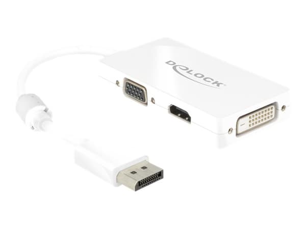 Delock - DisplayPort-adapter - DisplayPort (hann) til HD-15 (VGA), HDMI, DisplayPort (hunn) - 16 cm - hvit