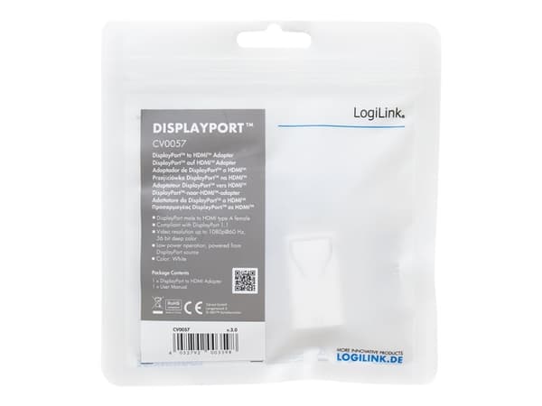 LogiLink - Video adapter - DisplayPort hann til HDMI hunn - hvit