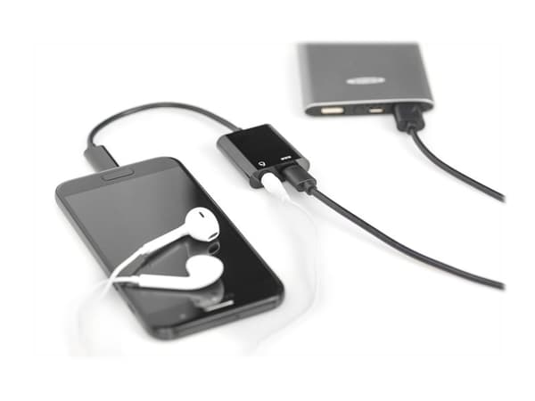 DIGITUS - USB-C til hodetelefons-jakkadapter - 24 pin USB-C hann til 24 pin USB-C, mini-phone stereo 3.5 mm hunn - 20 cm - svart