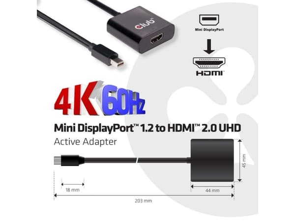 CLUB3D Mini DisplayPort 1.2 to HDMI 2.0 UHD Active Adapter