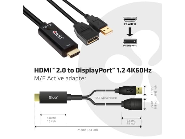Club 3D - Video adapter - HDMI hann til DisplayPort hunn - 25 cm - 4K-støtte, aktiv